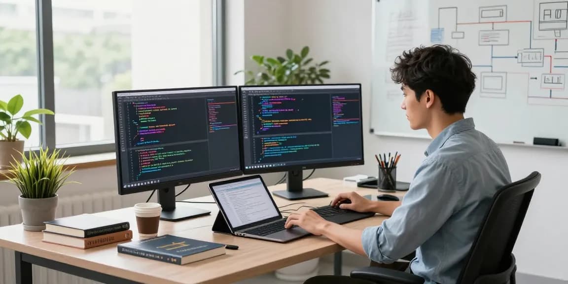 Developer coding in a high-tech workspace with dual monitors, reflecting bungeeexchange innovation.