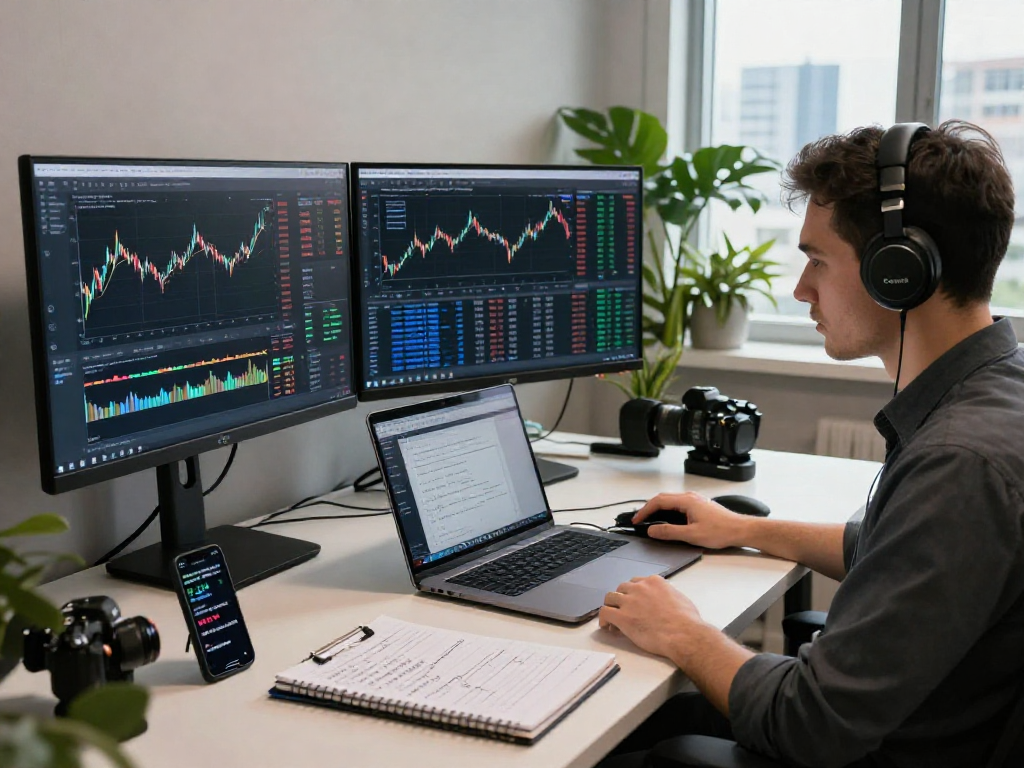 Trader usando Immediate Edge en un entorno moderno, con múltiples pantallas mostrando gráficos de criptomonedas.