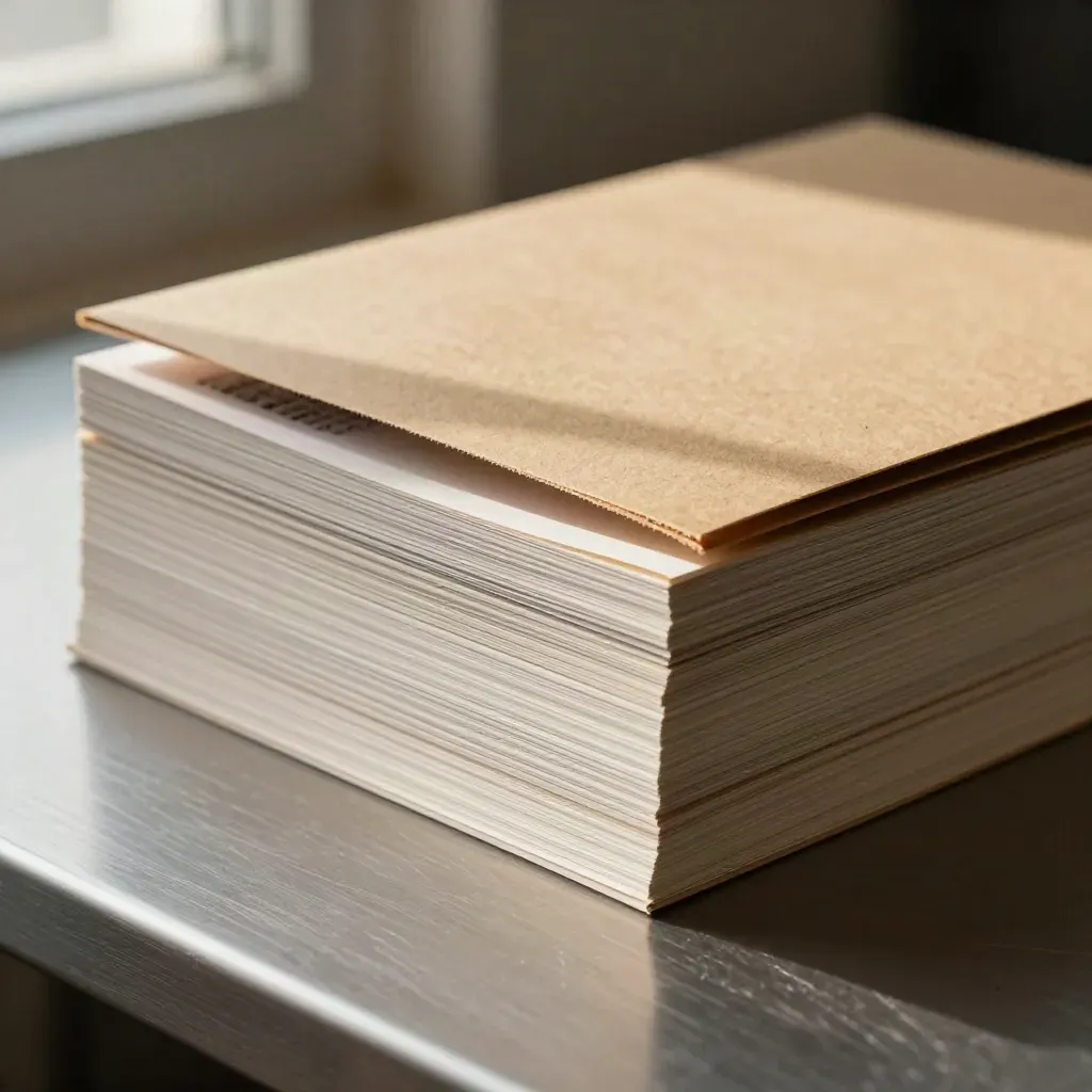 Close-up of stacked framing kit booklets, divider cards, and a kraft folder on a pewter table.
