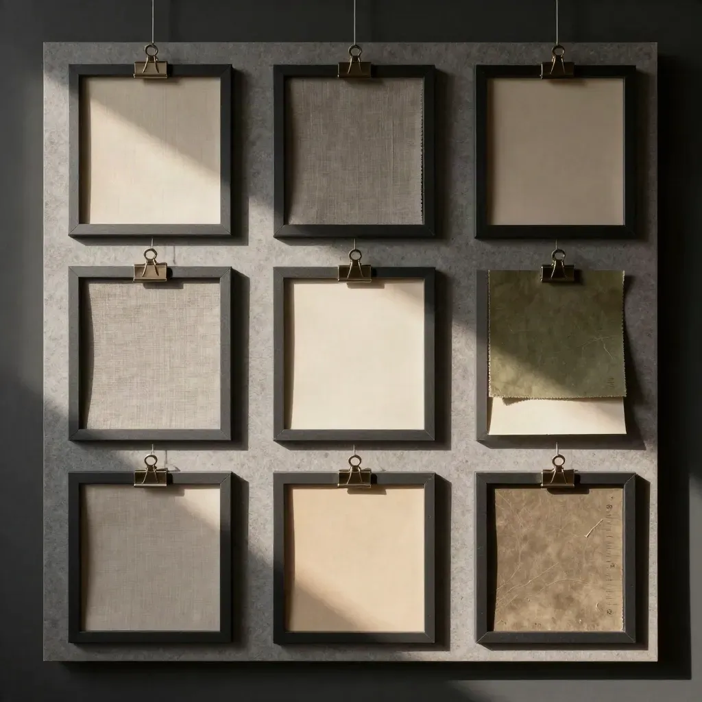 Wall-mounted visual story grid of paper windows, matte blocks, and swatches in dramatic side light.