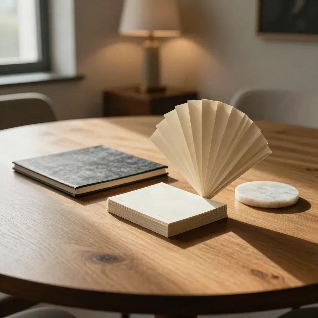 Cue cards, slate folio, and stone coaster on a round meeting table in warm window light.