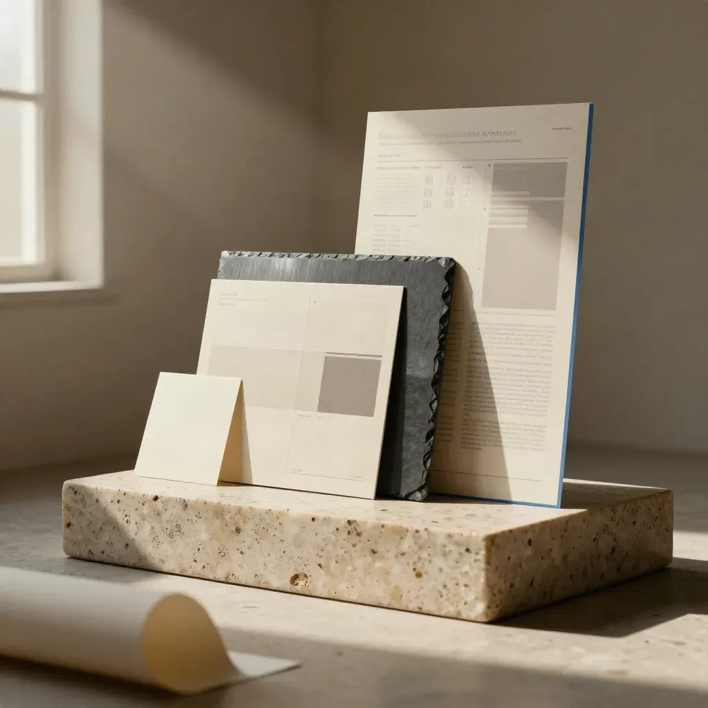 Three communication formats—memo, presentation board, and poster—lined up in moody studio light.
