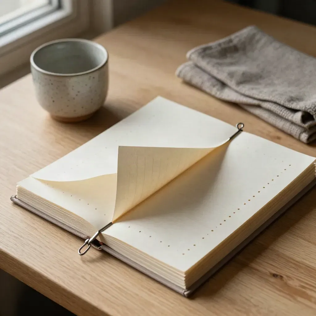Top-down still life of worksheet packet, cup, and gray cloth on pale wood.